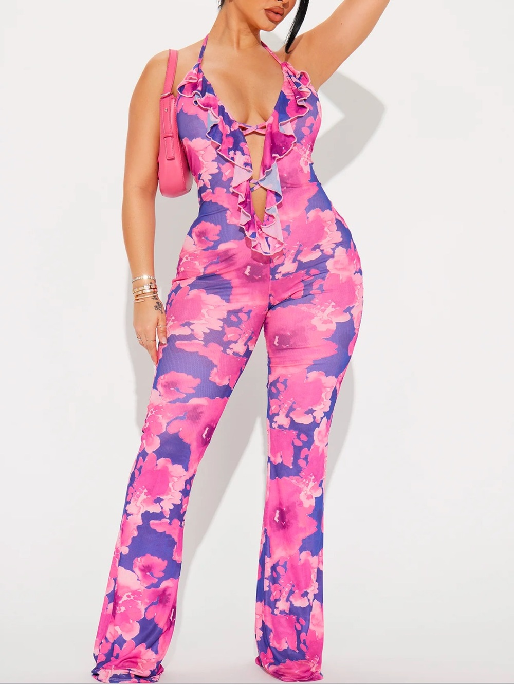 NWOT Fashion Nova Pink and Purple Floral Mesh Halter Jumpsuit